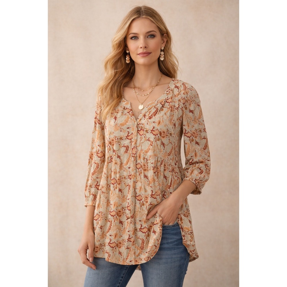 Melloday‎ Womens Boho Paisley Tunic XL Blouse Floral Rust 3/4 Sleeve